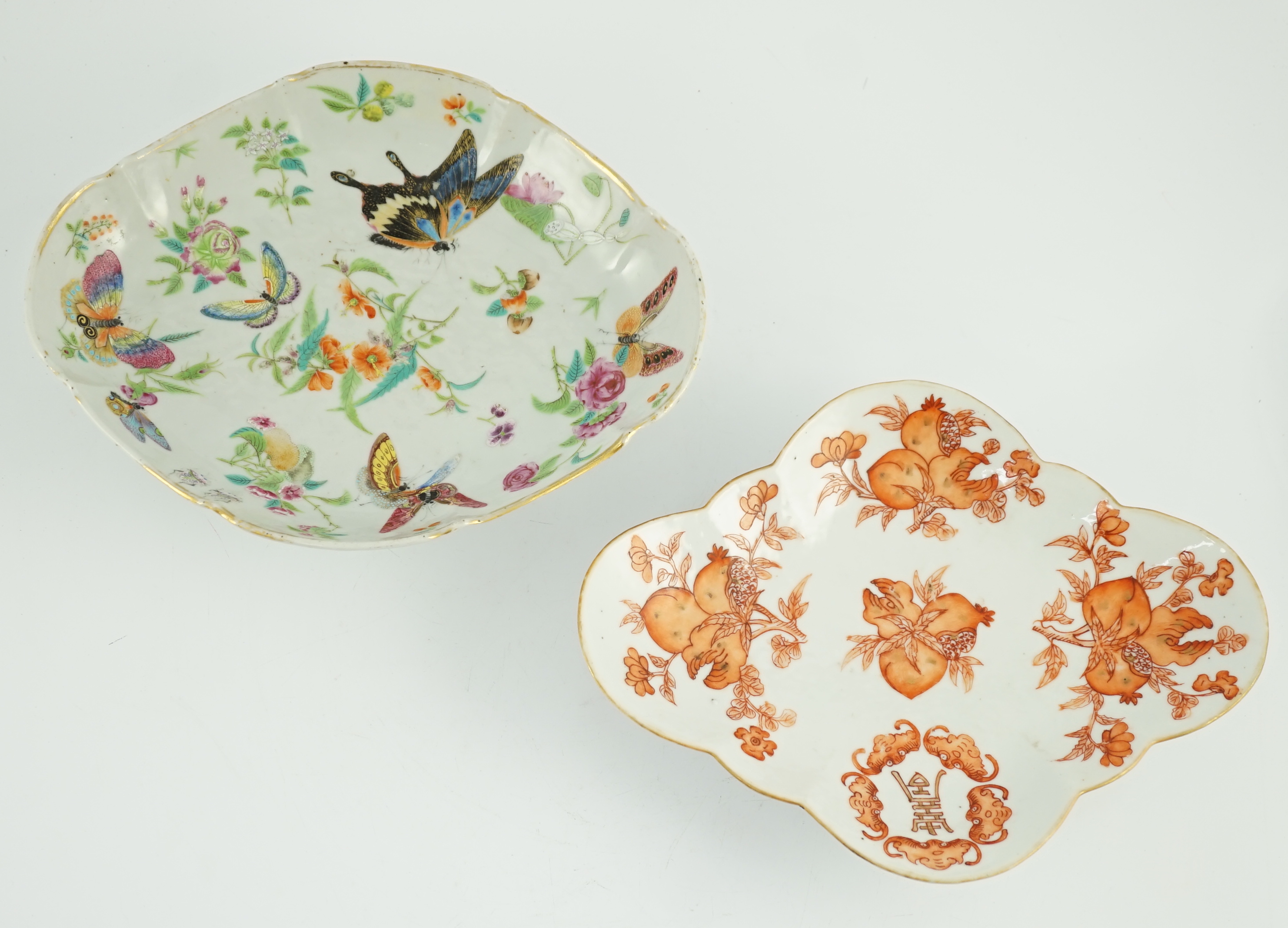 A Chinese famille rose 'butterfly and flowers' dish, Daoguang period and an iron red enamelled 'sanduo' dish, late 19th century